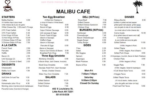 Menu at Malibu Cafe, Little Rock