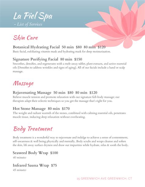 Spa Menu Templates and Designs from iMenuPro