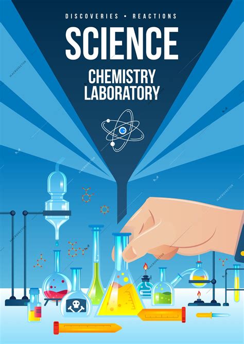 Science chemistry laboratory vertical poster with flasks tubes with colorful chemicals and other ...