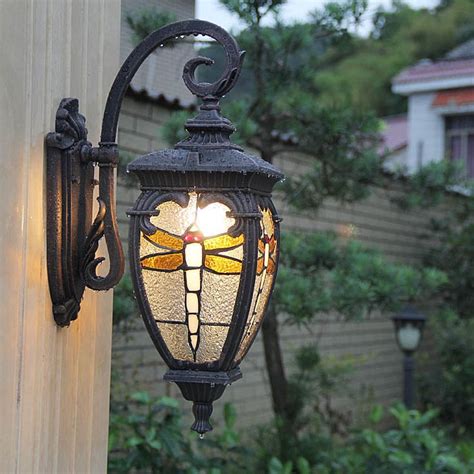 Lantern Wall Light Vintage Stained Glass 1 Head Wall Lantern with Dragonfly Pattern for Balcony ...