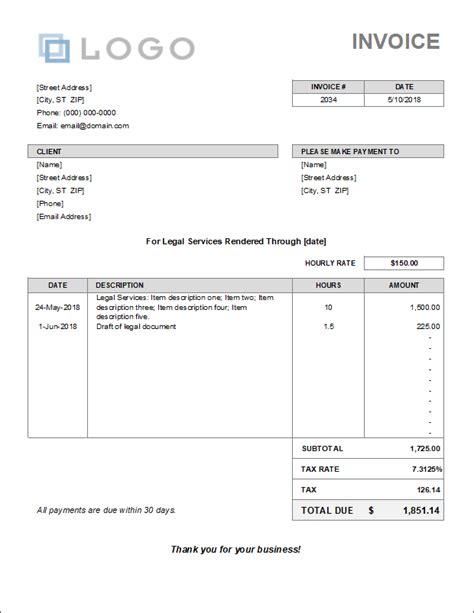 Billing Invoice Template for Excel