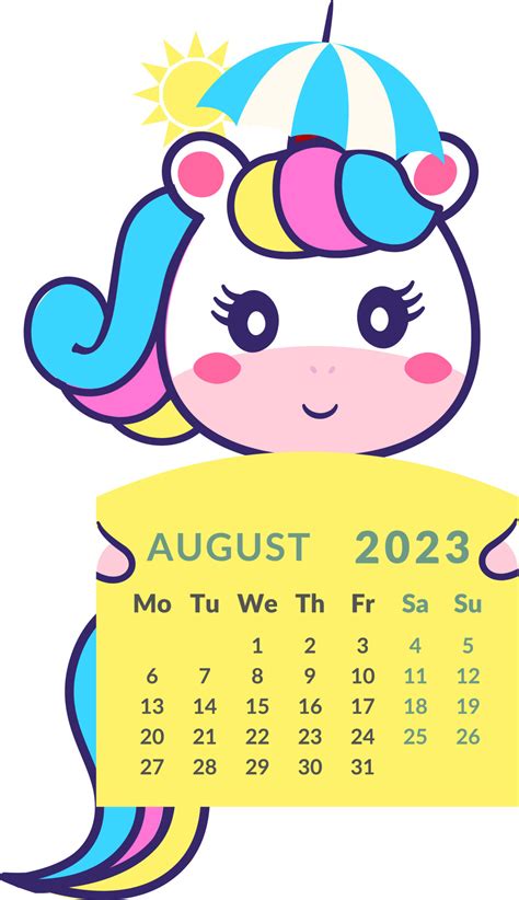 The unicorn is holding the calendar month august 2023. 17035153 Vector Art at Vecteezy