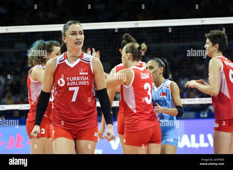 Turkey women's national volleyball team celebrate after scoring during the 2019 FIVB Women's ...