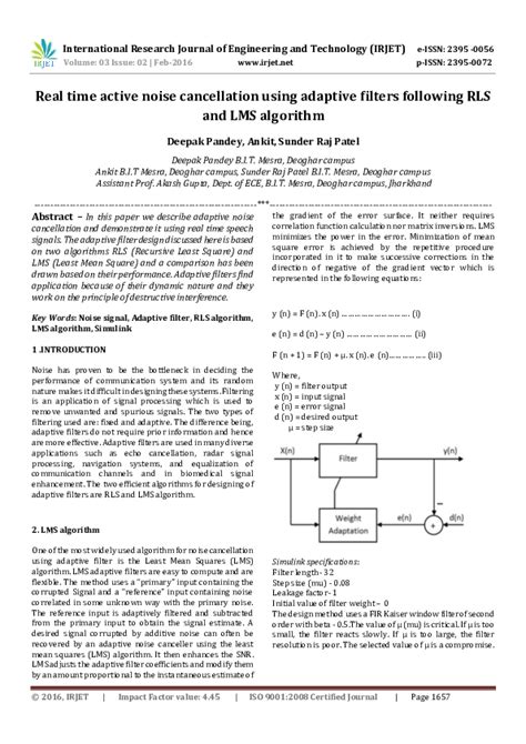 (PDF) Real time active noise cancellation using adaptive filters following RLS and LMS algorithm ...