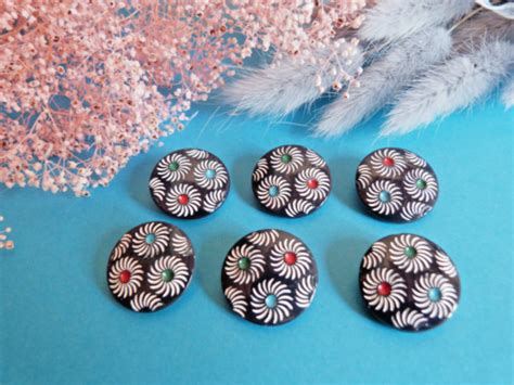 909B Chequerboard Buttons " Flowers " Black White Glass Lot Of 6 Ép ...