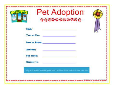 Pet Adoption Certificate for the kids to fill out about their pet ...