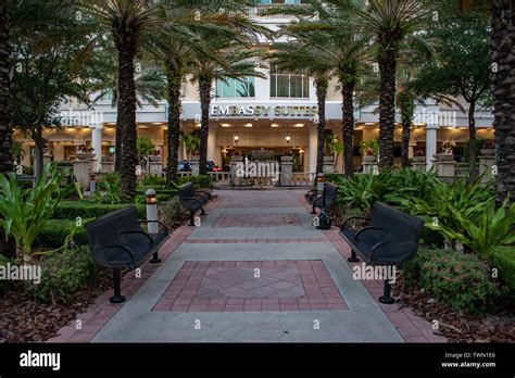 Tampa Bay, Florida. April 28, 2019. Partial view of Embassy Suites main ...