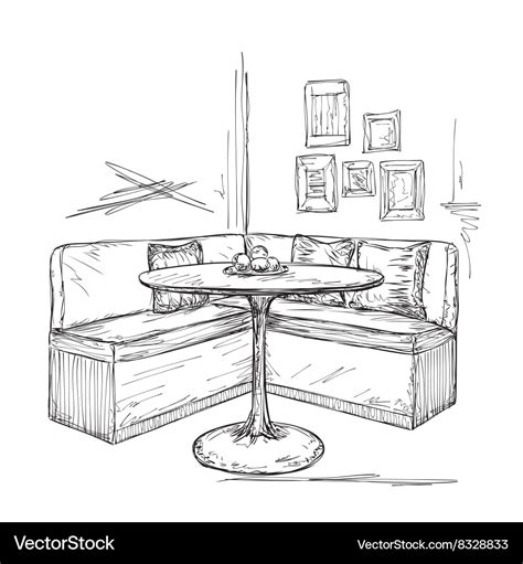 Cafe or kitchen interior Table and sofa sketch Vector Image