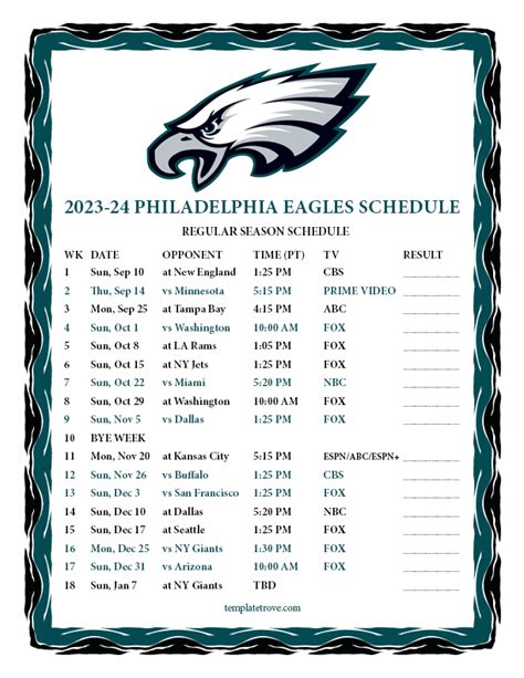 Printable 2023-2024 Philadelphia Eagles Schedule