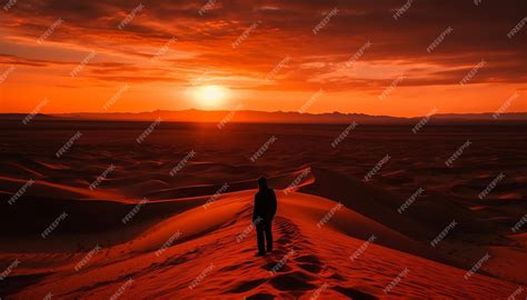 Premium Photo | Silhouette walking on sand dune at sunset generated by ai