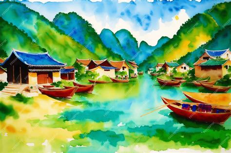 Premium Photo | A chinese village Watercolor Painting of a Tranquil Chinese Village Generative AI