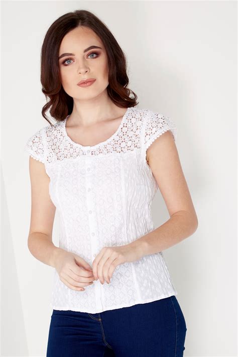 Cotton Lace Crinkle Blouse in White - Roman Originals UK