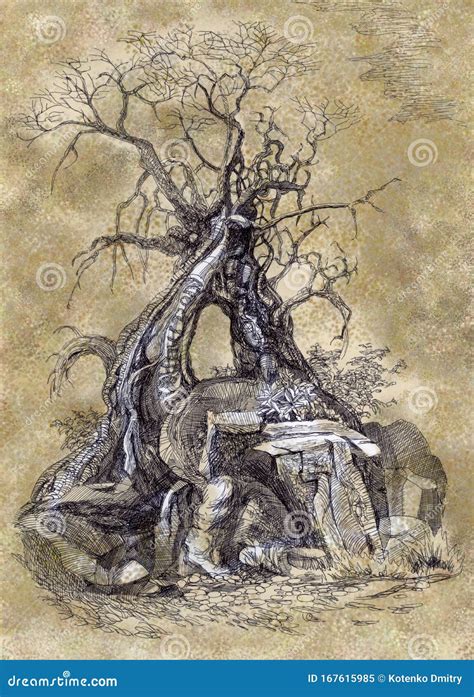 Old Mystical Tree in a Scary Forest. Ink Drawing. Stock Illustration - Illustration of blogs ...