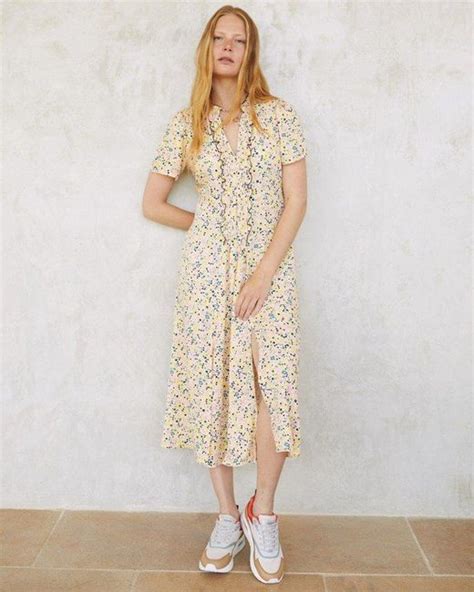 Oliver Bonas Floral Print Short Sleeve Yellow Midi Dress in White | Lyst