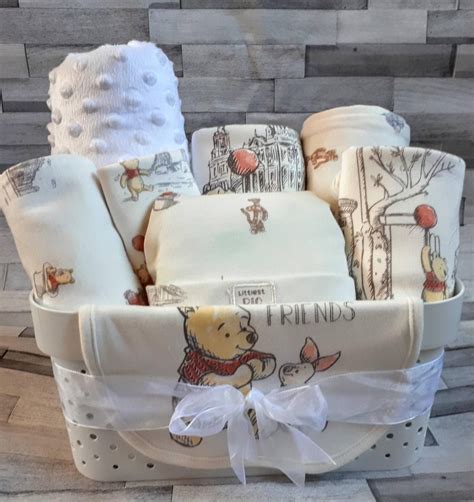 Baby Gift Basket Hamper Unisex Cream White Winnie the Pooh | Etsy | Baby shower gift basket ...