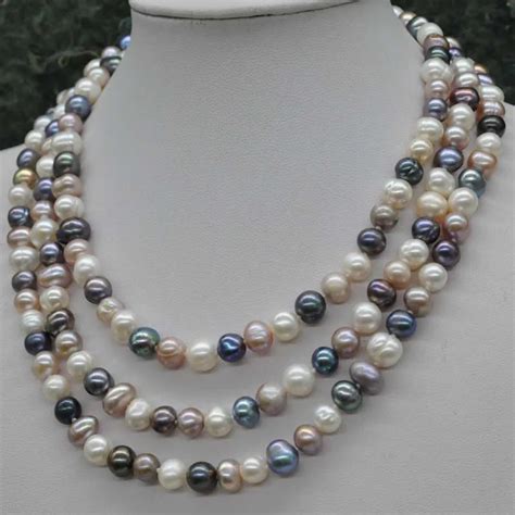 120cm long real freshwater pearl long necklace 6 8mm white pink purple mix beads-in Choker ...