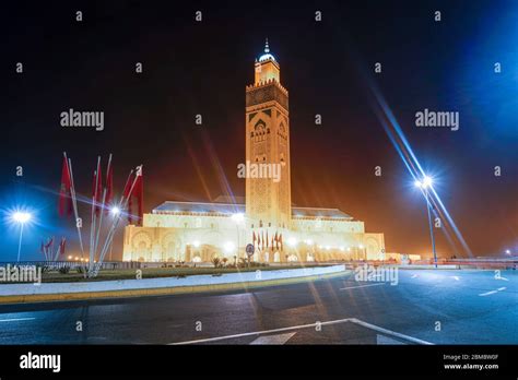 Illuminated Grand mosque in Casablanca at night Stock Photo - Alamy
