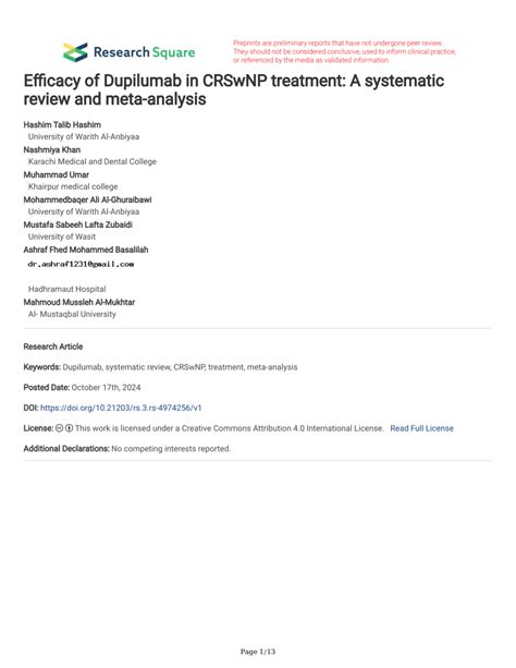 (PDF) Efficacy of Dupilumab in CRSwNP treatment: A systematic review and meta-analysis