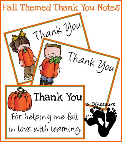 Free Fall Thank You Notes For Teachers | 3 Dinosaurs