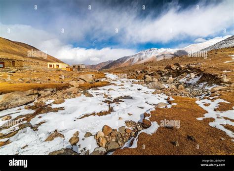 Landscape of snow mountains in Leh Ladakh with cloudy sky Stock Photo ...