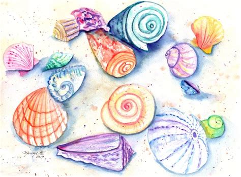 Seashell Art, Seashell Print, Seashells watercolor, Hawaii art, sea ...