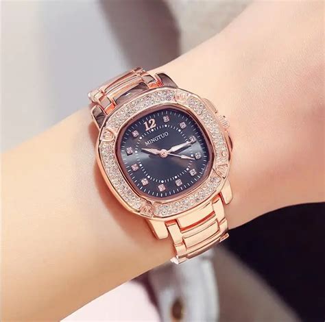 Luxury Women Rose gold Watch Brands Crystal Sliver Dial Fashion Design Bracelet Watches Ladies ...