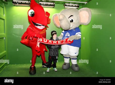 Liverpool mascot Might Red and Everton mascot Changy (right) pose with young fans before the ...