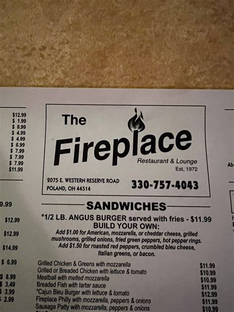 Menu at The Fireplace restaurant, Boardman