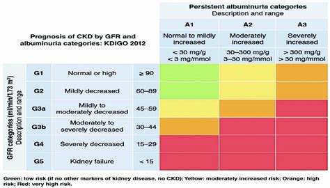 KDIGO heat map detailing the prognosis of CKD based upon GFR and ...