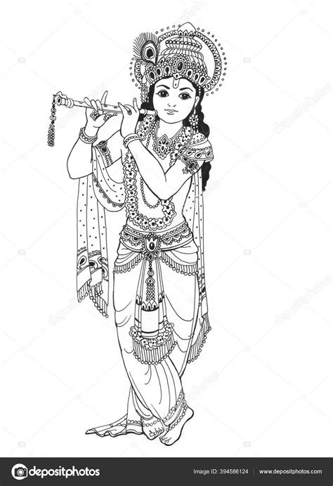 God Krishna Beautiful Young Man Playing Flute Black Line Drawing Stock ...