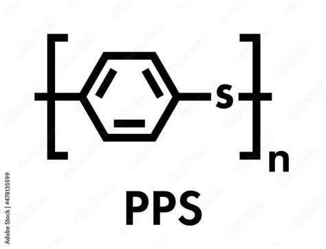 Polyphenylene sulfide (PPS) polymer, chemical structure. Commonly used engineering plastic ...