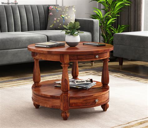 Buy Alice Sheesham Wood Round Coffee Table with Drawers (Honey Finish ...