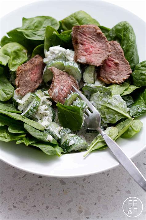 Tri Tip Spinach Salad with a Creamy Cucumber Dill Dressing | Bon Aippetit