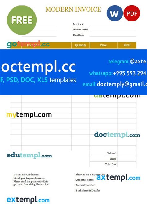 Free Modern Invoice template in word and pdf format