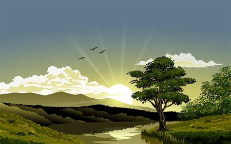 Sunrise at River Illustration 1591944 Vector Art at Vecteezy