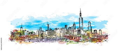 Watercolor splash with hand drawn sketch of Skyline Chicago, USA in ...