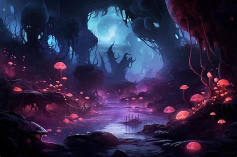 Premium AI Image | a dark cave with a purple and orange mushroom in the middle.