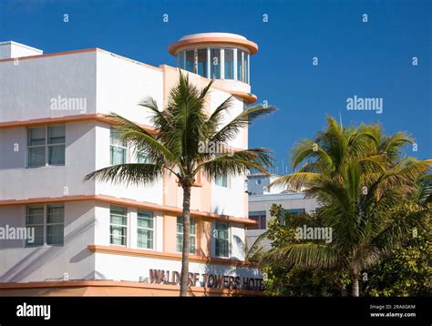 Miami Beach, Florida, USA. Colourful facade of the Waldorf Towers Hotel ...