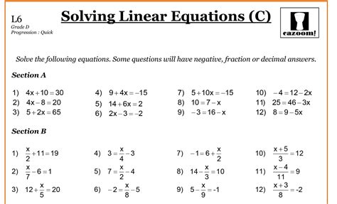 8th Grade Math Worksheets Linear Equations