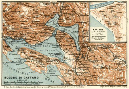 Map of the Gulf of Kotor (Boka Kotorska) and Cattaro (Kotor) town plan, 1929 by Waldin | Avenza Maps