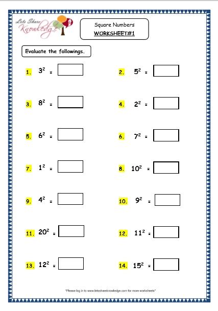 Grade 4 Maths Resources (1.12 Square Numbers Printable Worksheets) - Lets Share Knowledge