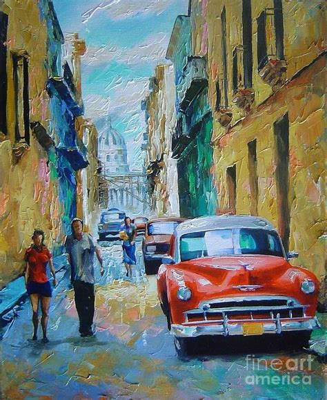 an oil painting of people walking down the street in front of old cars ...