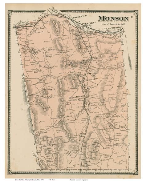 Monson, Massachusetts 1870 Old Town Map Reprint - Hampden Co. - OLD MAPS