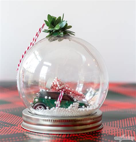 DIY Snow Globe Ornament with Vintage Cars & Bottlebrush Trees