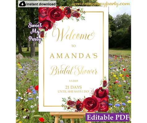 Red Roses Bridal Shower welcome sign|Red Roses Bridal Shower welcome sign template printable ...