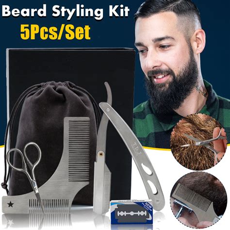 5Pcs/Set Beard Grooming & Trimming Kit Razor Shaping Scissors Mustache ...