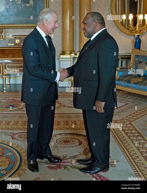 King Charles III with Prime Minister of Papua New Guinea James Marape as he receives realm prime ...