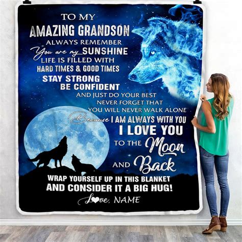 Personalized To My Amazing Grandson Blanket From Grandma Grandpa Wolf It A Big Hug Son Birthday ...