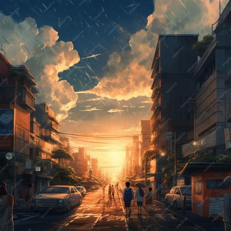 Premium Photo | Anime scene of people walking down a street in the rain ...