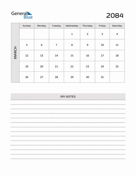 March 2084 Calendars (PDF Word Excel)